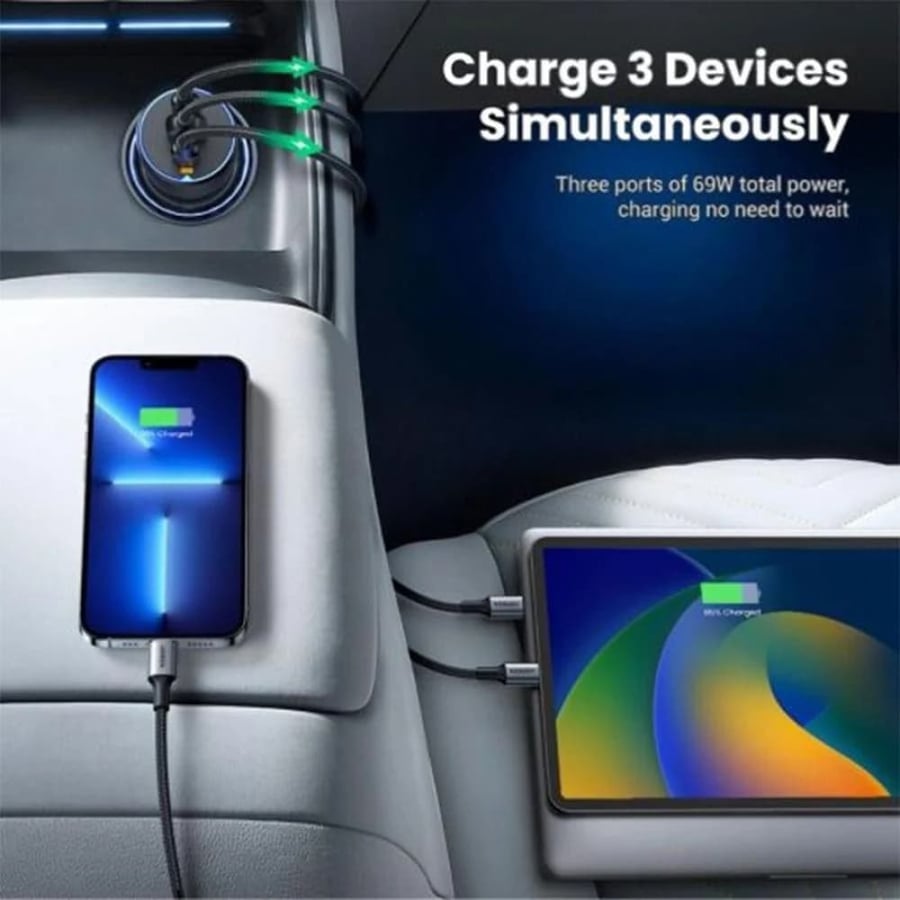 UGREEN يوجرين شاحن سيارة بمنفذين USB-C وبمنفذ USB بقوة 75 واط رمادي داكن = 6941876230242