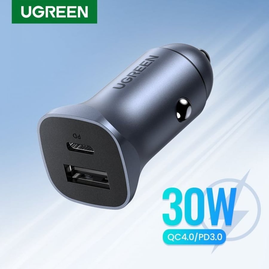 Ugreen يو جرين شاحن سيارة بمنفذ USB ومنفذ PD بقوة 30 واط – رمادي = 6957303848584