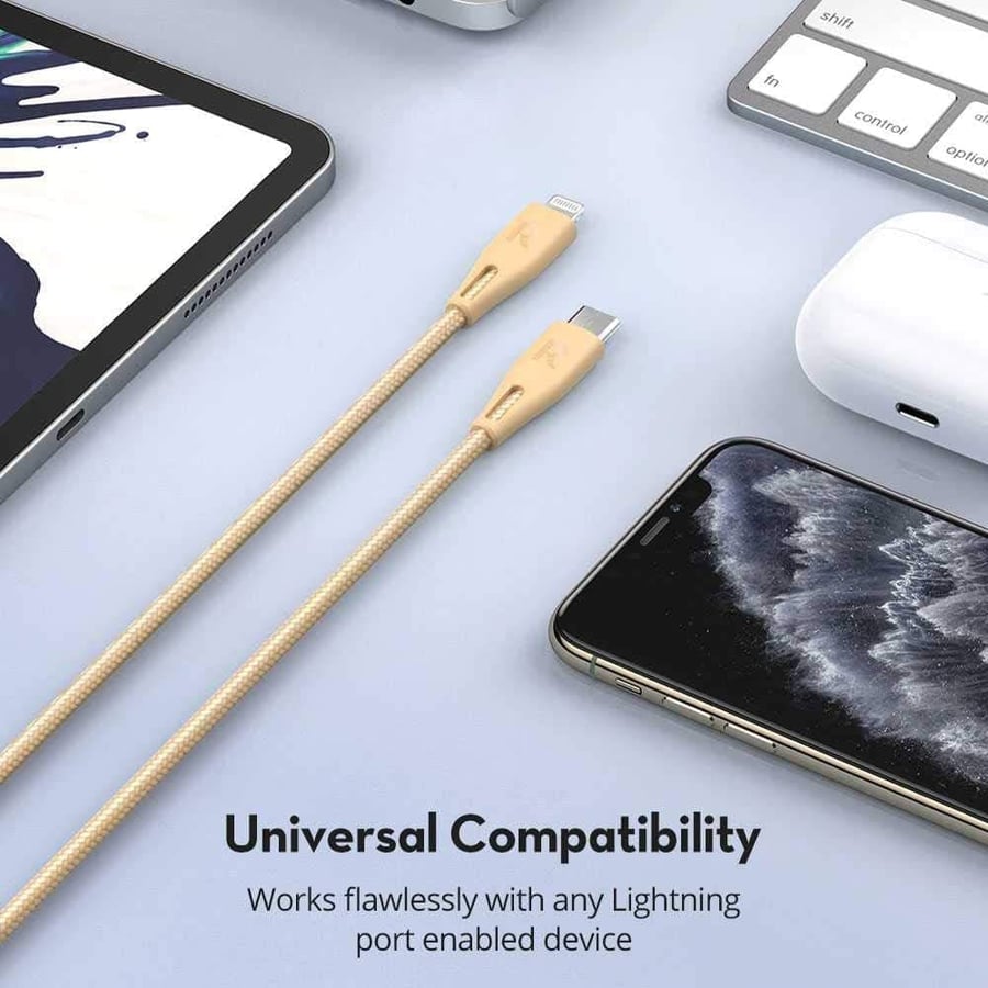 RAVPOWER كيبل راف باور USB-C إلى لايتنينق قماش -  ذهبي 6974740770193