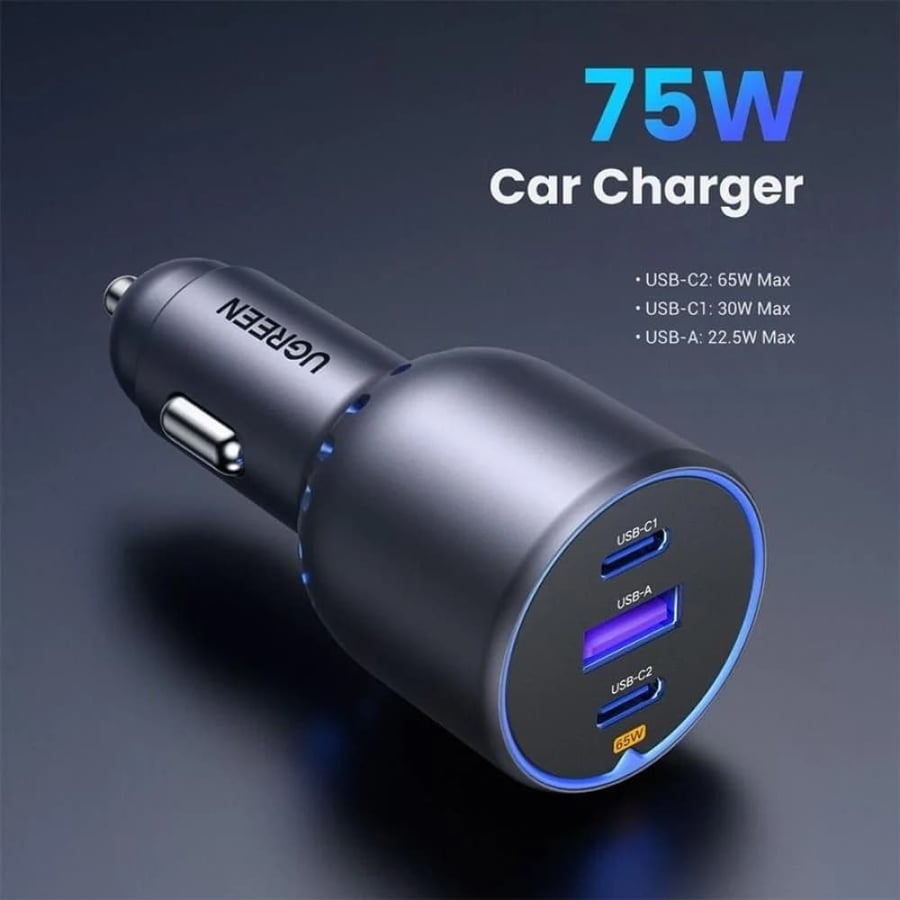 UGREEN يوجرين شاحن سيارة بمنفذين USB-C وبمنفذ USB بقوة 75 واط رمادي داكن = 6941876230242
