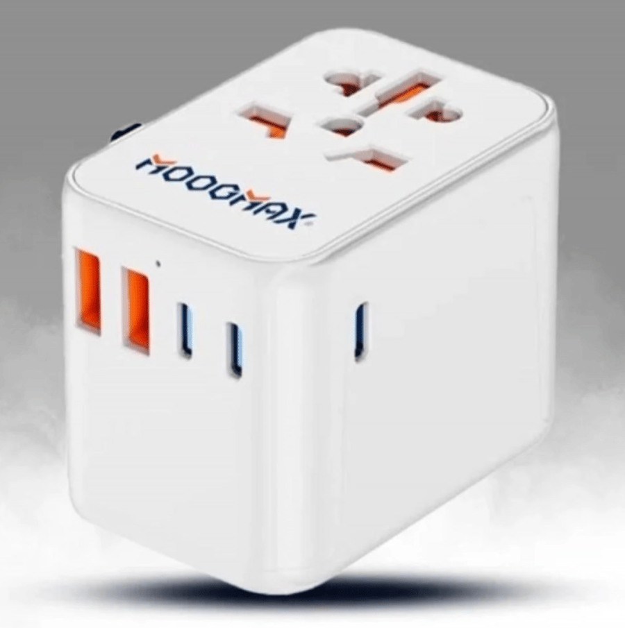 MOOGMAX شاحن سفر دولي مع ثلاثه منافذ Type C بخاصية الشحن السريع PD و منفذين USB بقوة 80 واط أبيض = 6973752292662