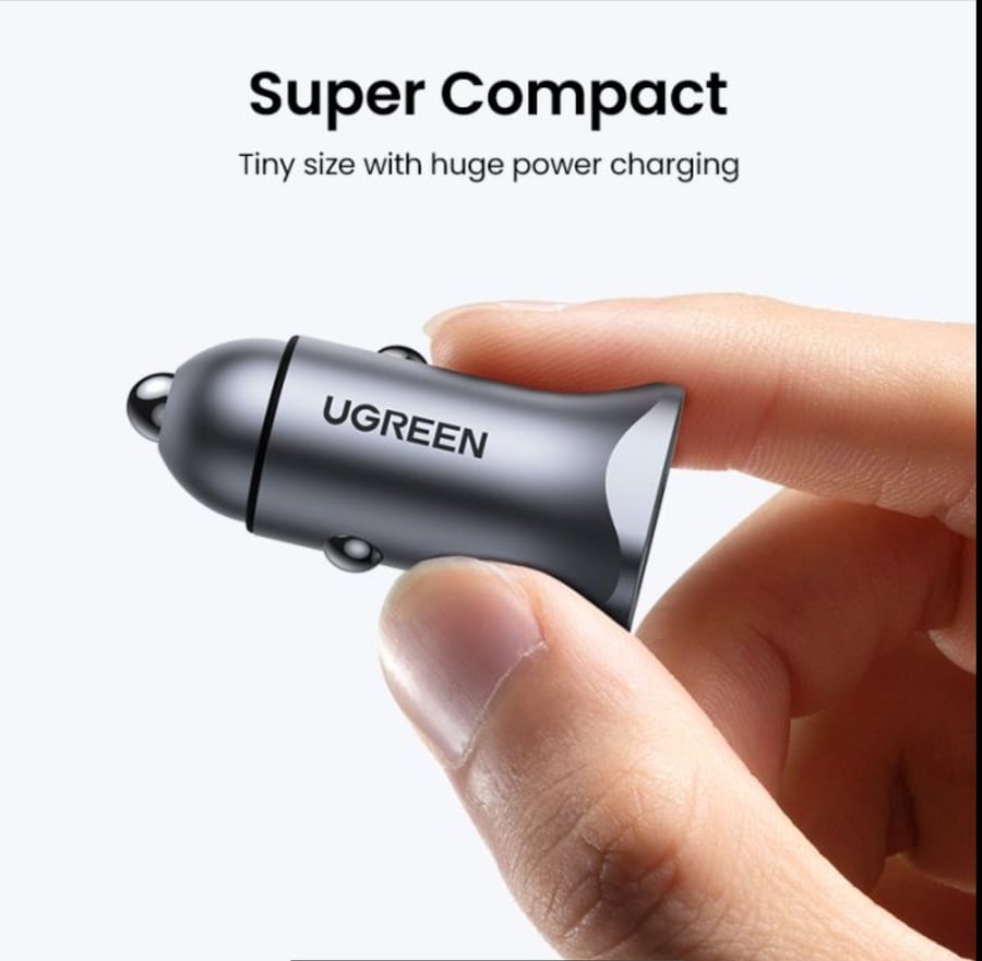 Ugreen يو جرين شاحن سيارة بمنفذ USB ومنفذ PD بقوة 30 واط – رمادي = 6957303848584