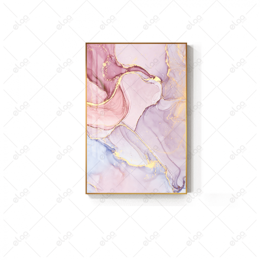 Abstract art paintings, a mixture of pink, mauve, and gold colors
