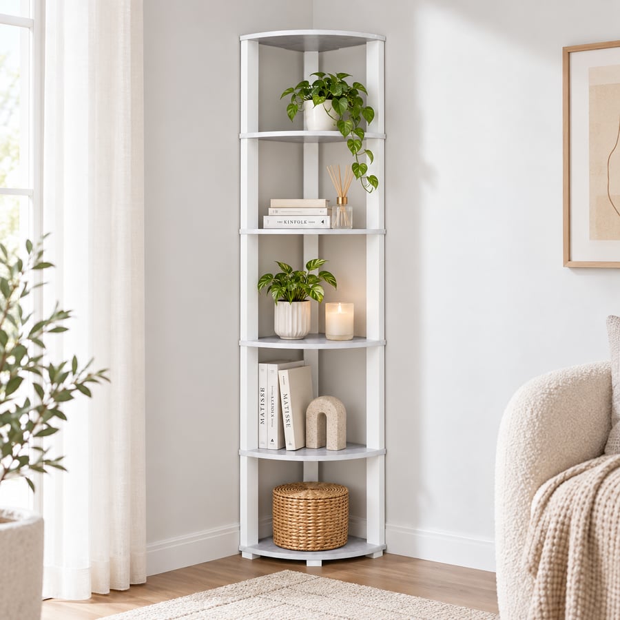 5-Tier Malaysian Wood Corner Shelf, White