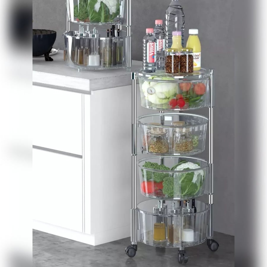 Round acrylic storage basket with wheels 4 tiers