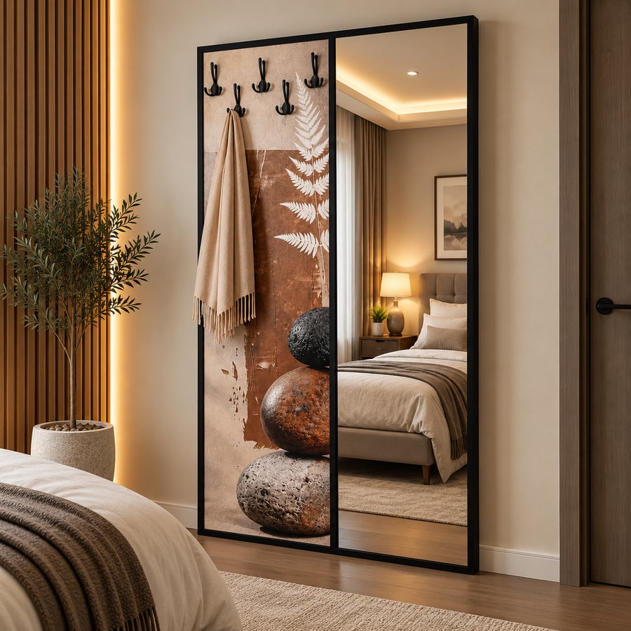 لوحة جدارية كبيرة بمرآة وعلاقة ملابس تصميم مستوحى من الأحجار