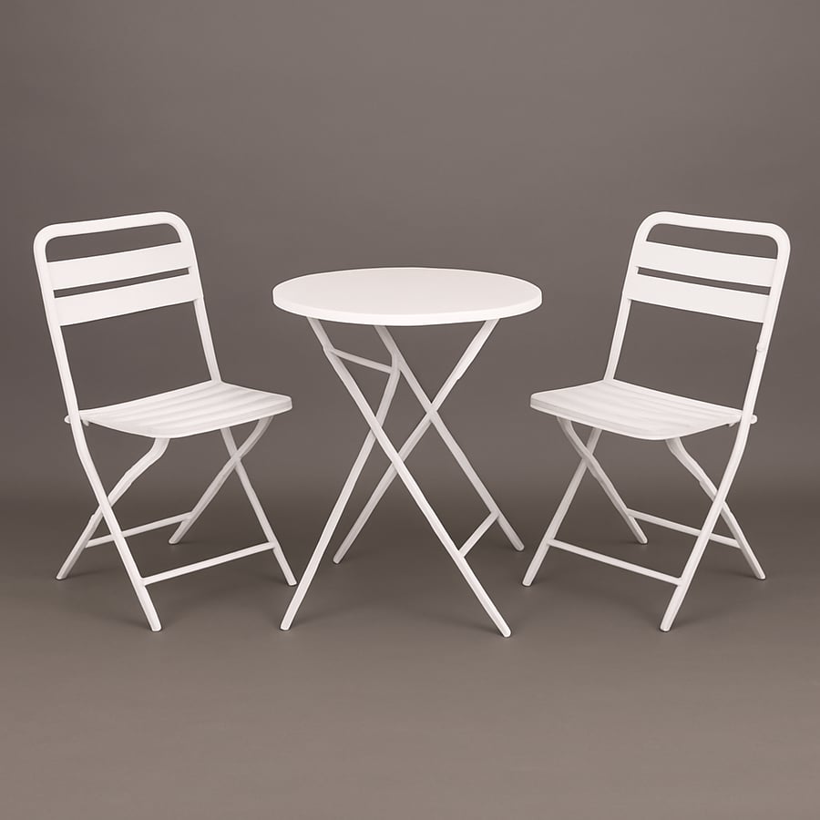 Round table set with 2 foldable metal chairs - white