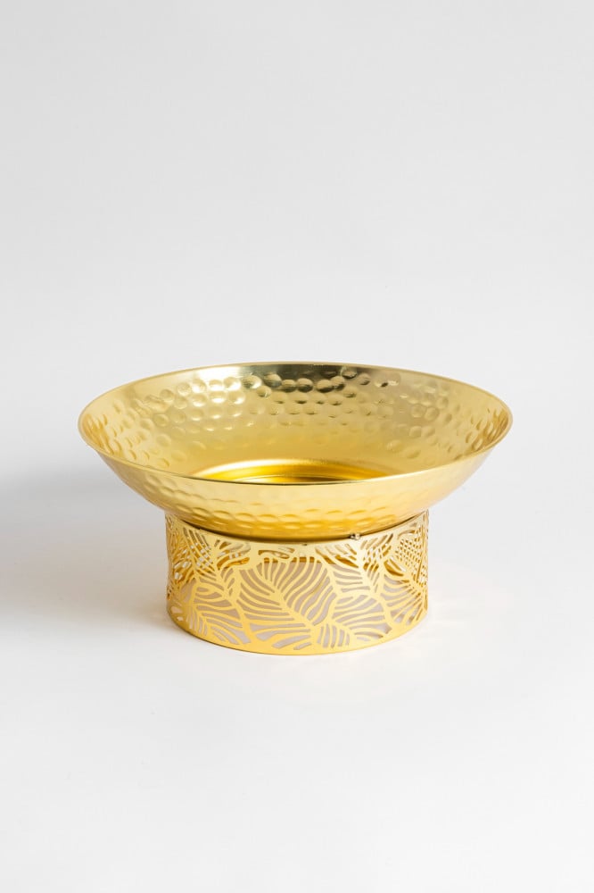 Golden dessert serving tray with a gold base and pattern