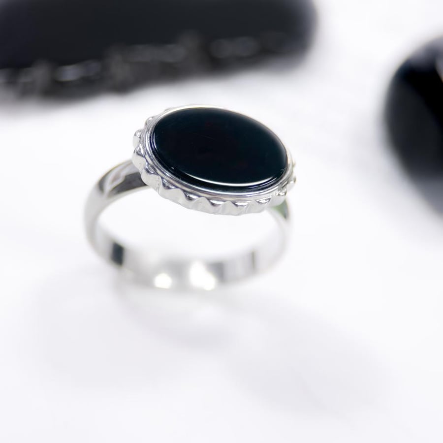 Mens 925 Silver Simple Ring with Black Brazilian Agate