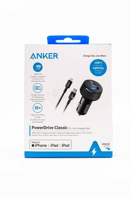شاحن سيارة Anker PowerDrive PD 2 – 30 واط – بمنفذين (USB‑C + USB‑A) مع LED