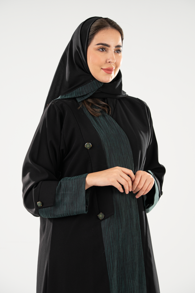 عباية نص كلوش كريب كوري أسود بتدخيل حرير زيتي وطرحة - كوين