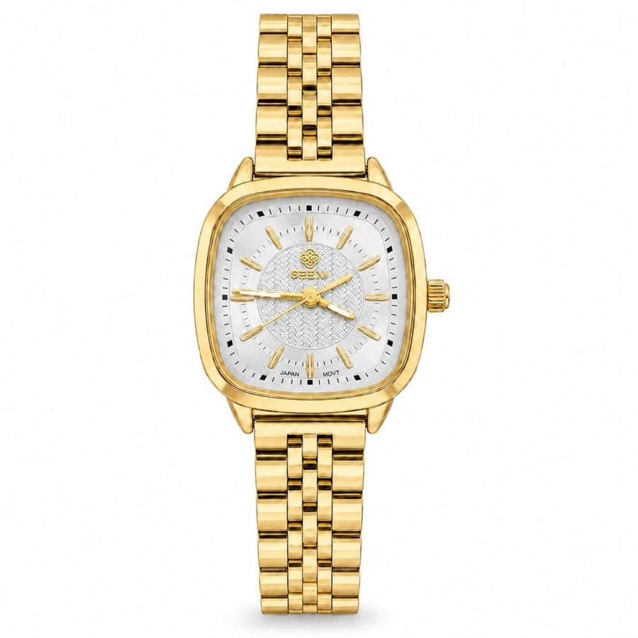 ساعة نسائية SEEN TIME ST-6032 كوارتز مربعة بميناء فضي وسوار معدني ذهبي