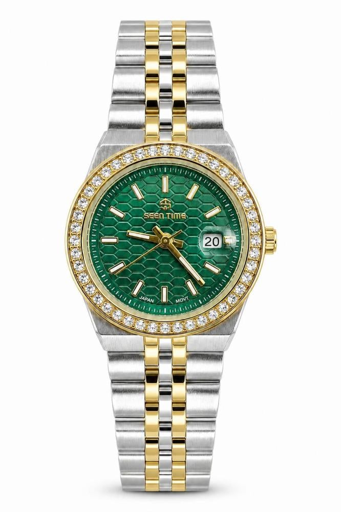 ساعة نسائية SEEN TIME باللون الأخضر مع إطار كريستال وسوار ستانلس