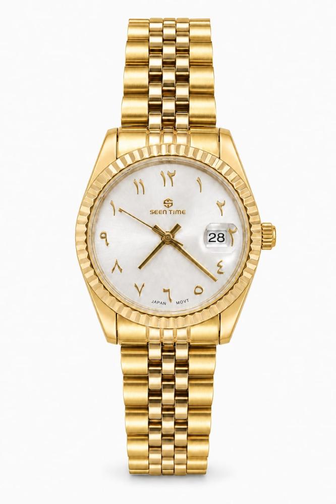 ساعة نسائية SEEN TIME ST-2546 كلاسيكية فاخرة بإطار محزز ذهبي وميناء أبيض