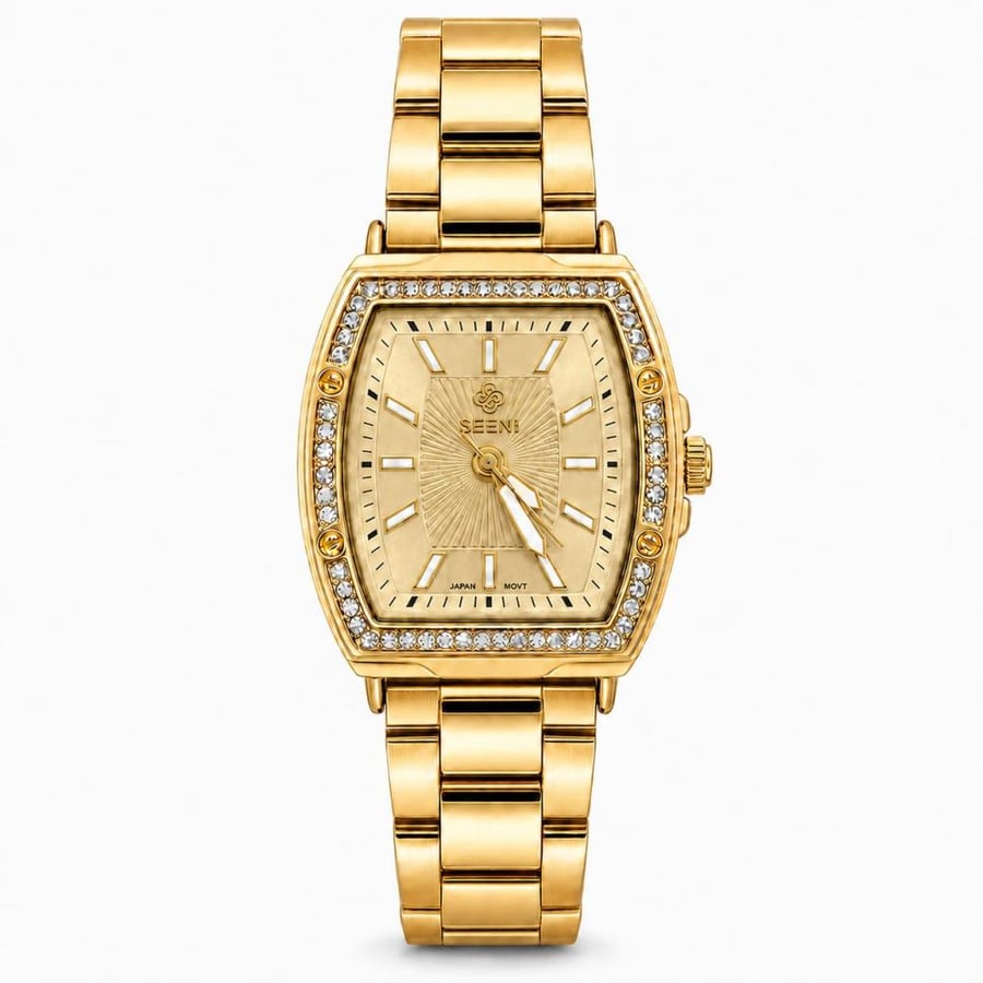 ساعة نسائية ذهبية مستطيلة SEEN TIME بميناء ذهبي ومحاطة بالكريستال