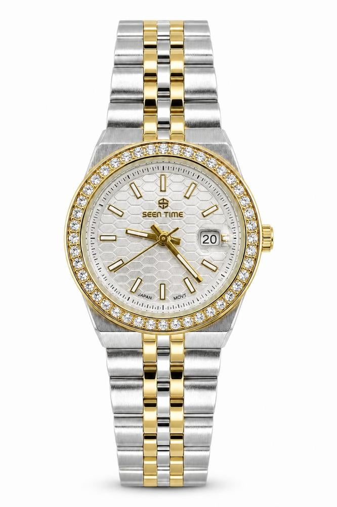 ساعة نسائية SEEN TIME ST 6022 بسوار ستانلس ستيل فضي وذهبي وإطار مرصع