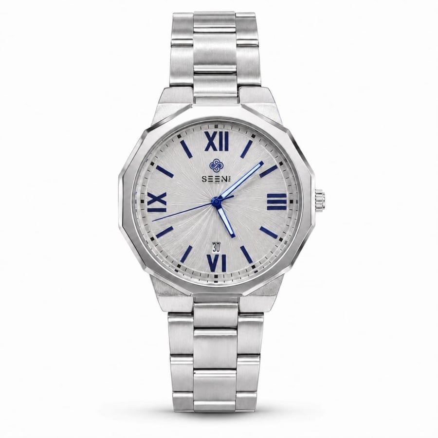 ساعة رجالية SEEN TIME فضية بسوار ستانلس ستيل وأرقام رومانية زرقاء