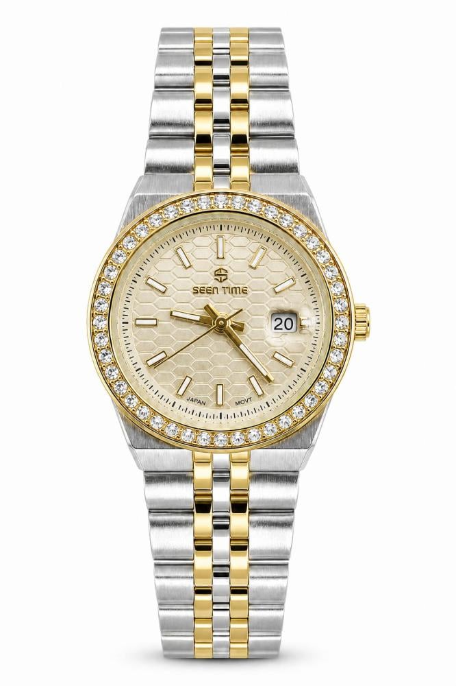 ساعة نسائية SEEN TIME ST 6022 بعقارب ذهبية وإطار مرصع بالكريستال وسوار