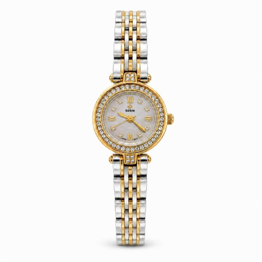 ساعة نسائية SEEN TIME بسوار معدني فضي وذهبي وإطار مرصع بالكريستال