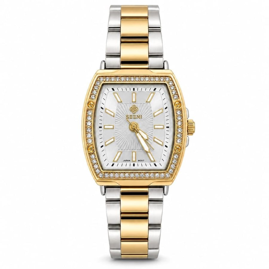 ساعة نسائية SEEN TIME ST6034 مستطيلة بعلبة ذهبية وسوار فضي وذهبي مرصعة