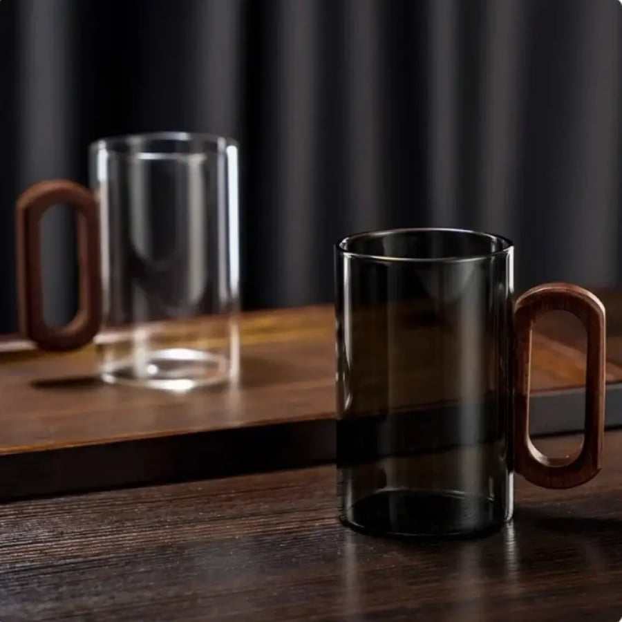 كوب شاي زجاجي 360ML بمقبض خشبي