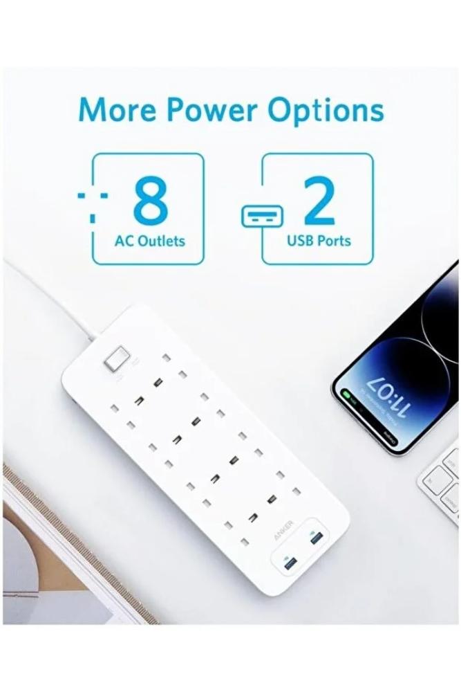 Anker انكر شريط طاقة 342 مع 8 منافذ تيار متردد ومنفذي USB وصلة 12 واط تقنية باور اي كيو