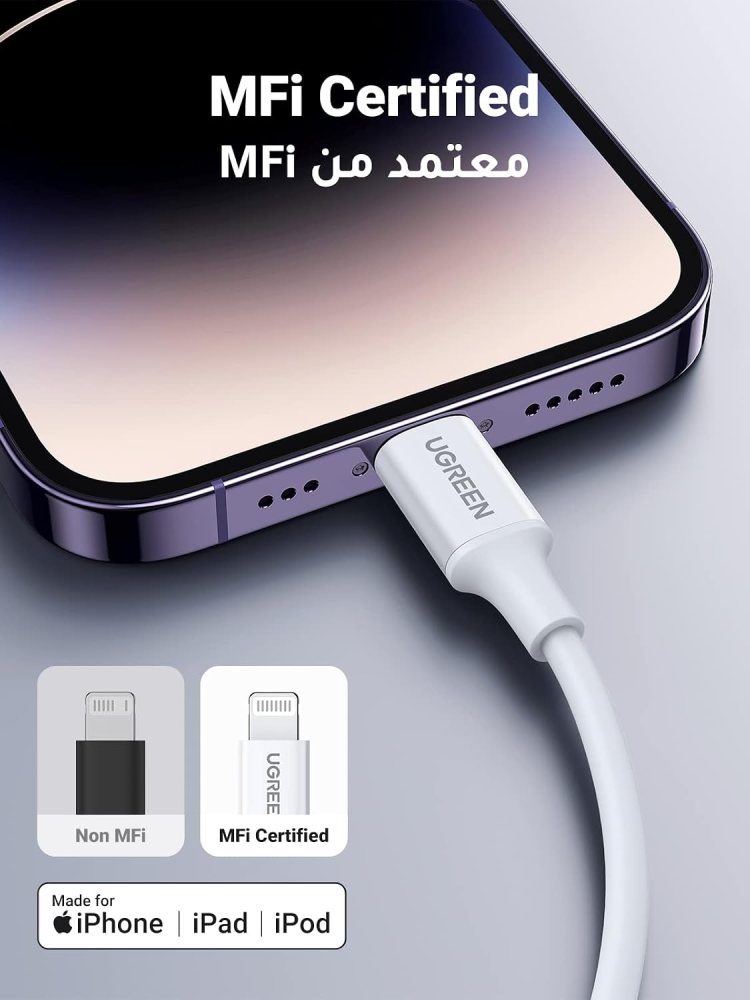 كيبل UGREEN USB-C إلى Lightning بطول 1 متر – شحن سريع 20 واط ومعتمد من Apple