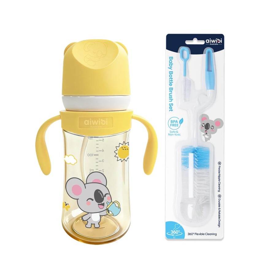 baby feeding bottle BPA free 270ml Yellow with Free feeding bottle cleaning brush