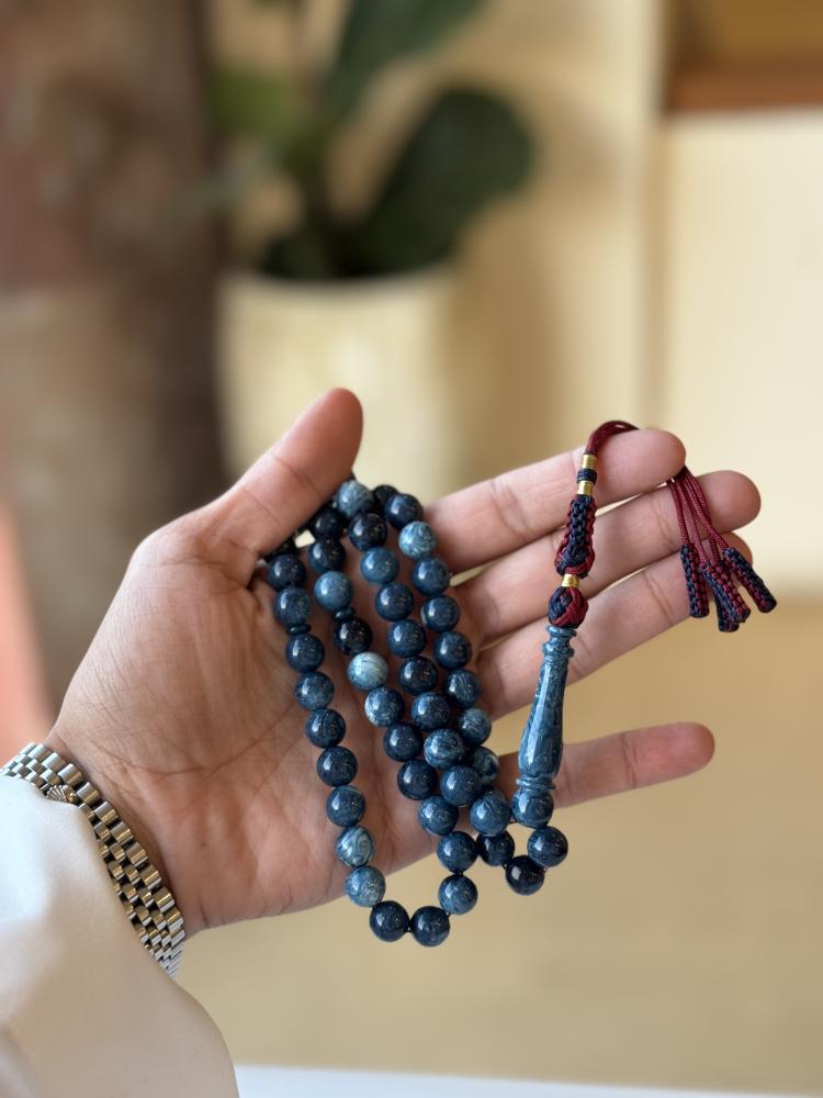 92 prayer beads Belgian stone with fabric pendant, number of beads 51, bead size 10 mm