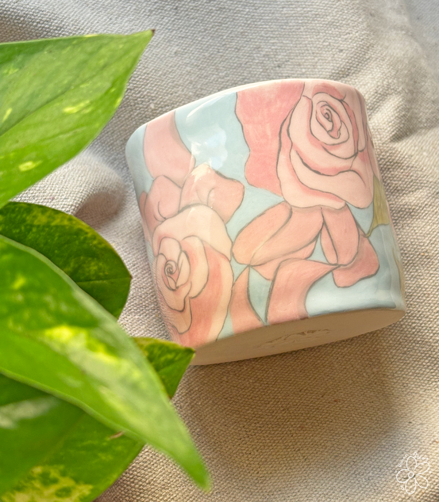 Girl with flowers cup - hand drawing