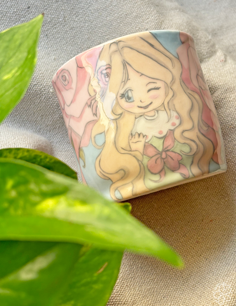 Girl with flowers cup - hand drawing