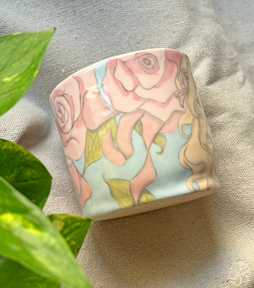 Girl with flowers cup - hand drawing