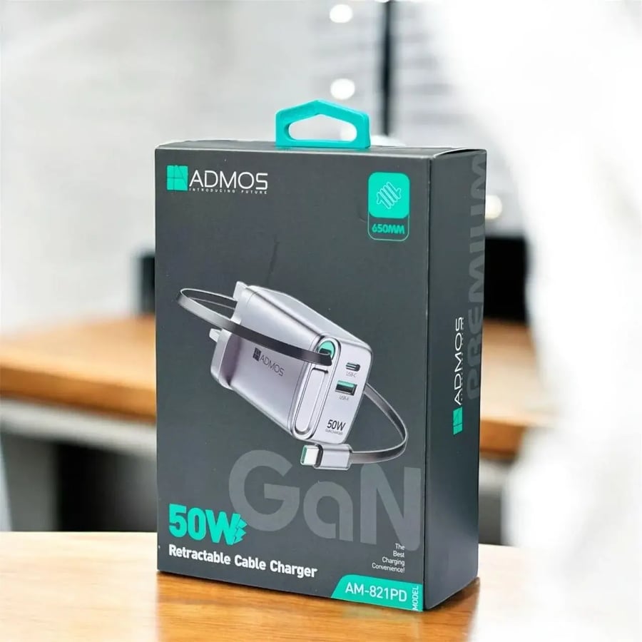 شاحن جداري سريع 50W من ADMOS — طراز AM-821PD مع سلك قابل للسحب