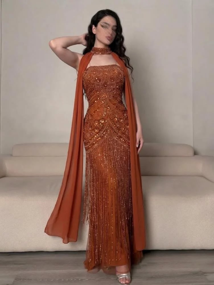 فستان سهرة كب كولوم كلفة سهرة خرز وشرابات هدب مع شال جورجيت مطرز