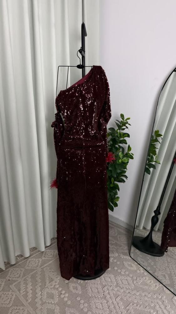 فستان سهرة عنابي بترتر لامع بقصة كتف واحد وأكمام مزينة بالريش