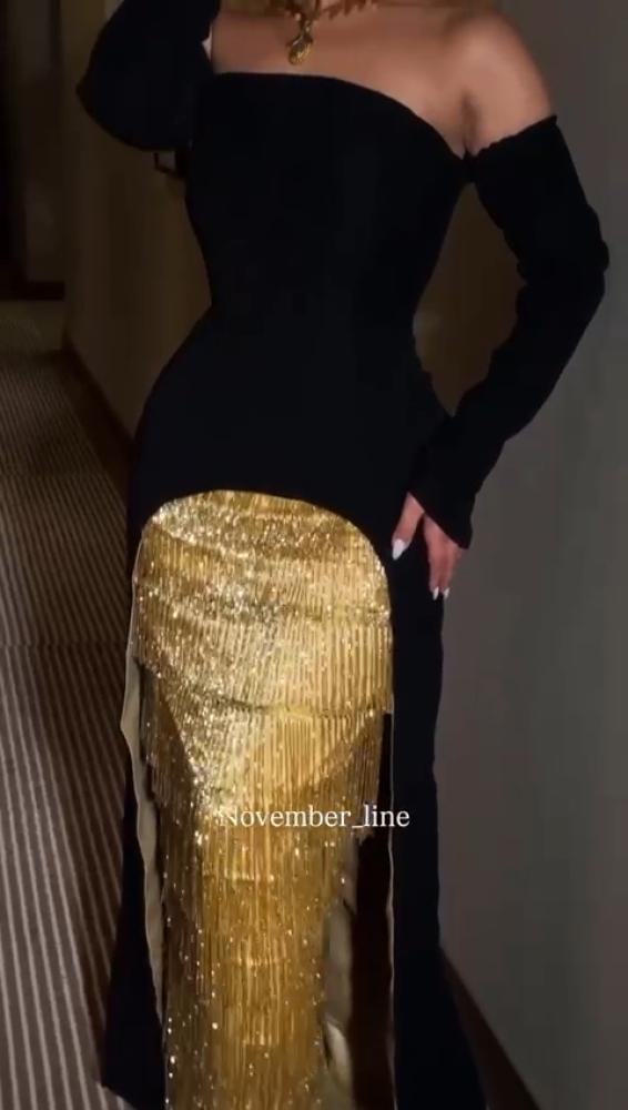 فستان سهرة أسود بتصميم باربي مع خرز سلاسل ذهبي فاخر