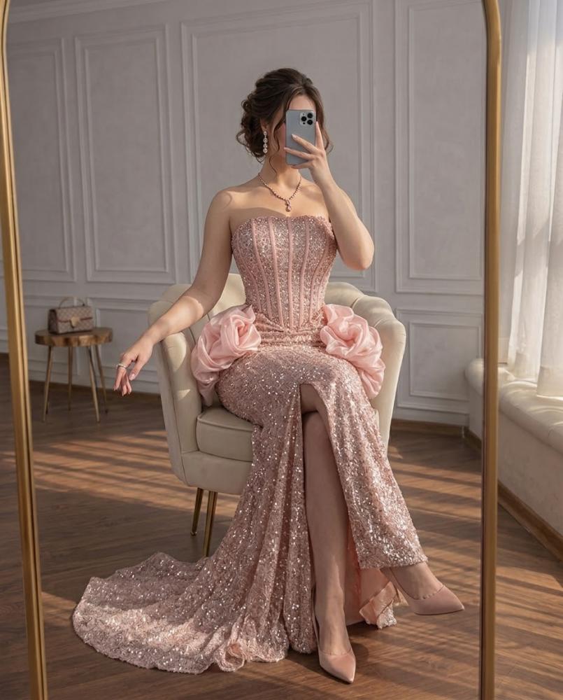 فستان سهرة كورسيه وردي بتطريز لؤلؤ وشك فاخر مع ذيل جازار دبل كلوش