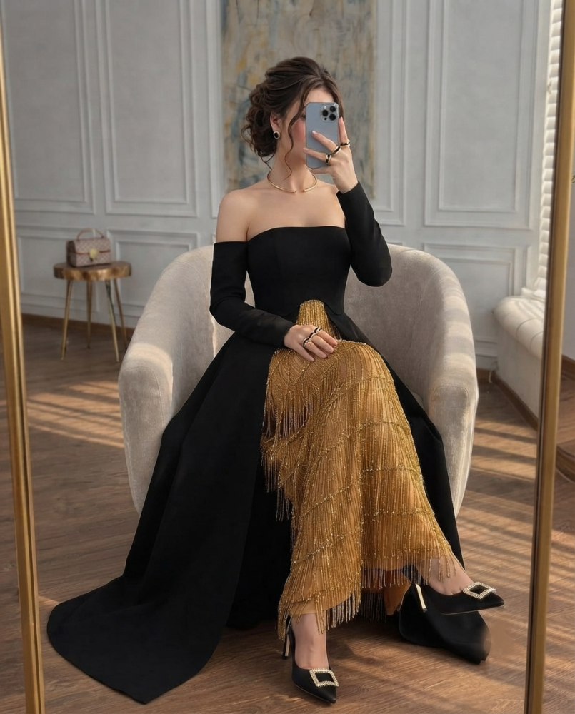 فستان سهرة أسود بتصميم باربي مع خرز سلاسل ذهبي فاخر