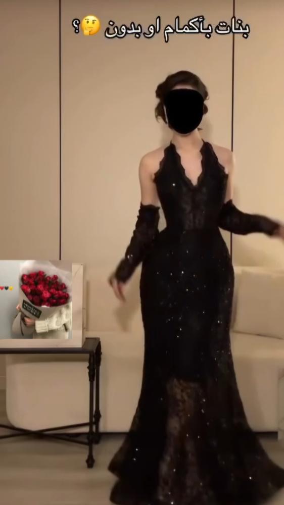فستان سهرة هالتر من الدانتيل الأسود مع أكمام منفصلة