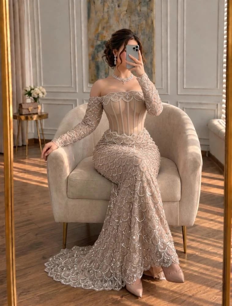 فستان سهرة بيج شامبين كولوم كورسيه نحت بأكمام طويلة أوف شولدر وكلفة سهرة خرز بنقوش حراشف ملكية