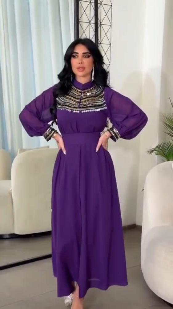 فستان سهرة ملكي باللون البنفسجي - شيفون وتفتة بتطريز يدوي