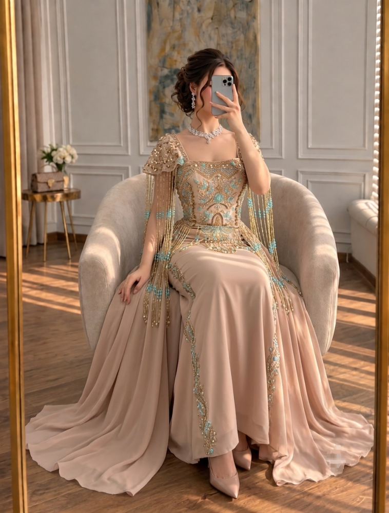 فستان سهرة لحمي بتطريز يدوي فاخر مع شراشيب خرز وأكمام كاب قصيرة