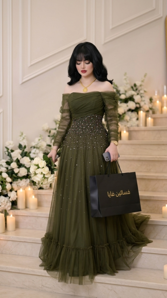 فستان سهرة ملكي زيتي بأكمام درابيه وتطريز فاخر