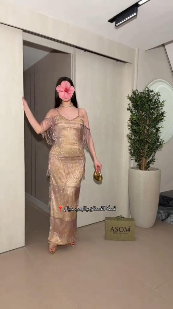 فستان سهرة راقي بتصميم هدب خرز وتطريز فاخر مع بطانة باربي