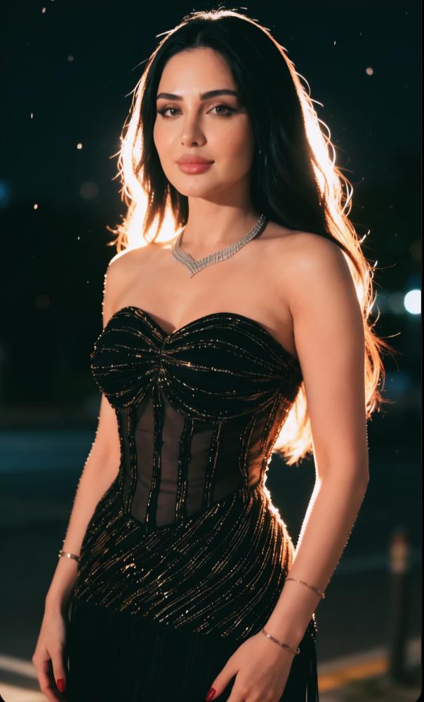 فستان سهرة أسود فاخر بلمسات مطرزة وتصميم هدب عصري