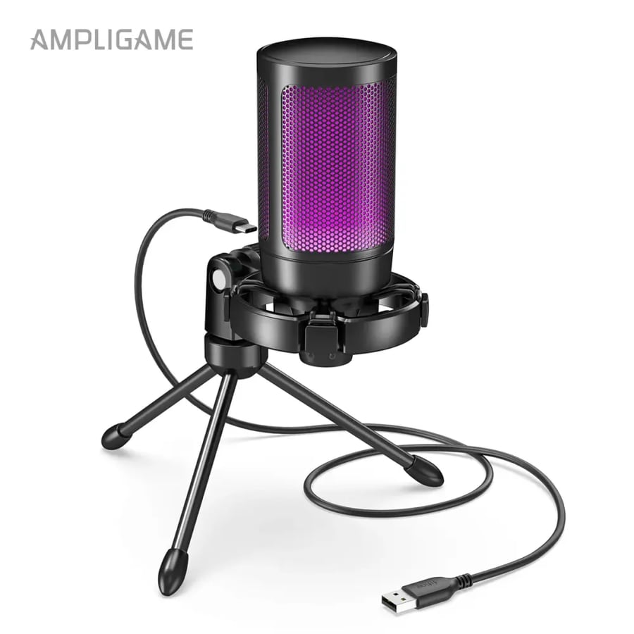 ميكروفون ألعاب USB AmpliGame أبيض مع إضاءة RGB وحامل ثلاثي وكتم صوت سريع