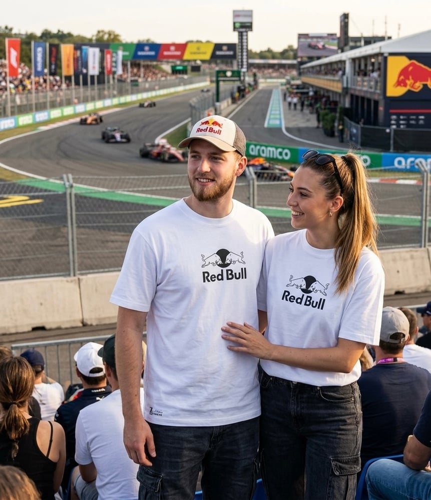 تيشرت ريدبول أبيض بأكمام قصيرة وطبعة Red Bull باللونين الأسود والأبيض