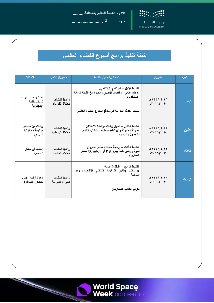 خطة وتقارير وعرض بوربوينت لأسبوع الفضاء العالمي 2026م - ثانوية