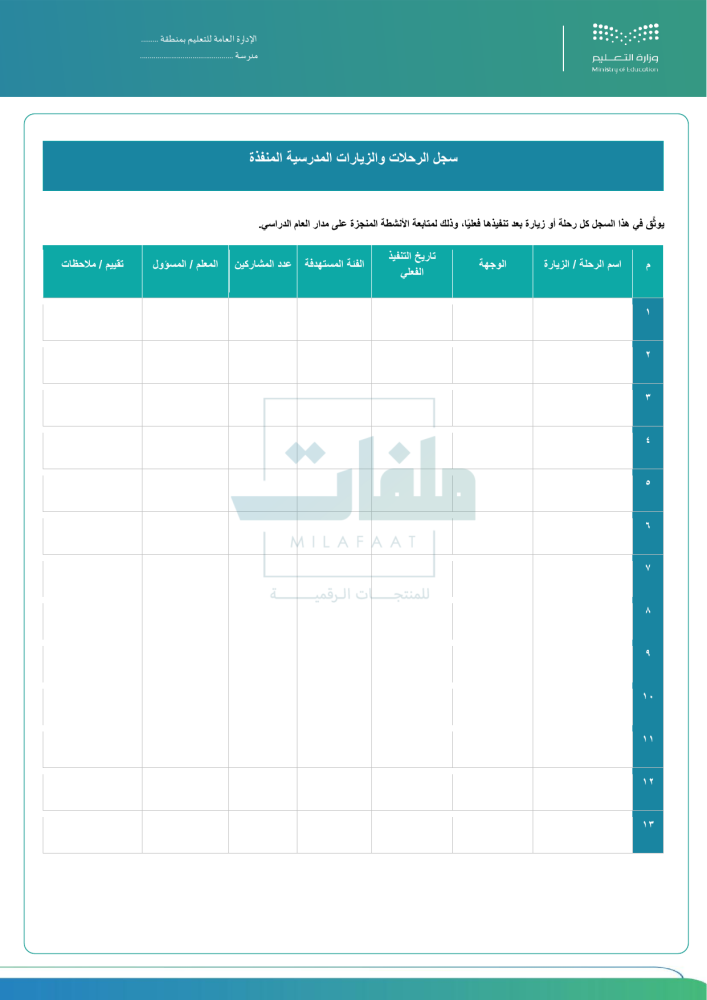 سجل الزيارات والرحلات المدرسية - لجميع المراحل