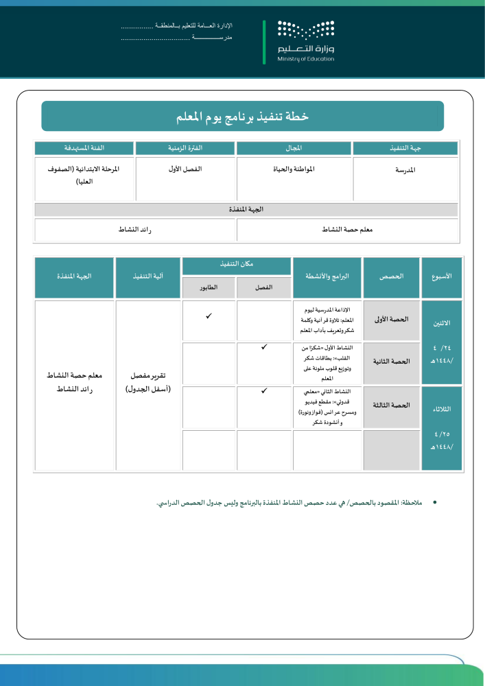 خطة وتقارير وعرض بوربوينت يوم المعلم 1448 - الابتدائي -عليا